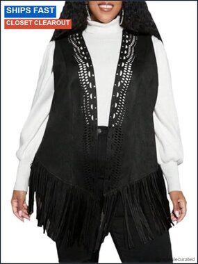 Plus Size Fringe Sleeveless Vest Faux Suede Open Front 70s Hippie Jacket